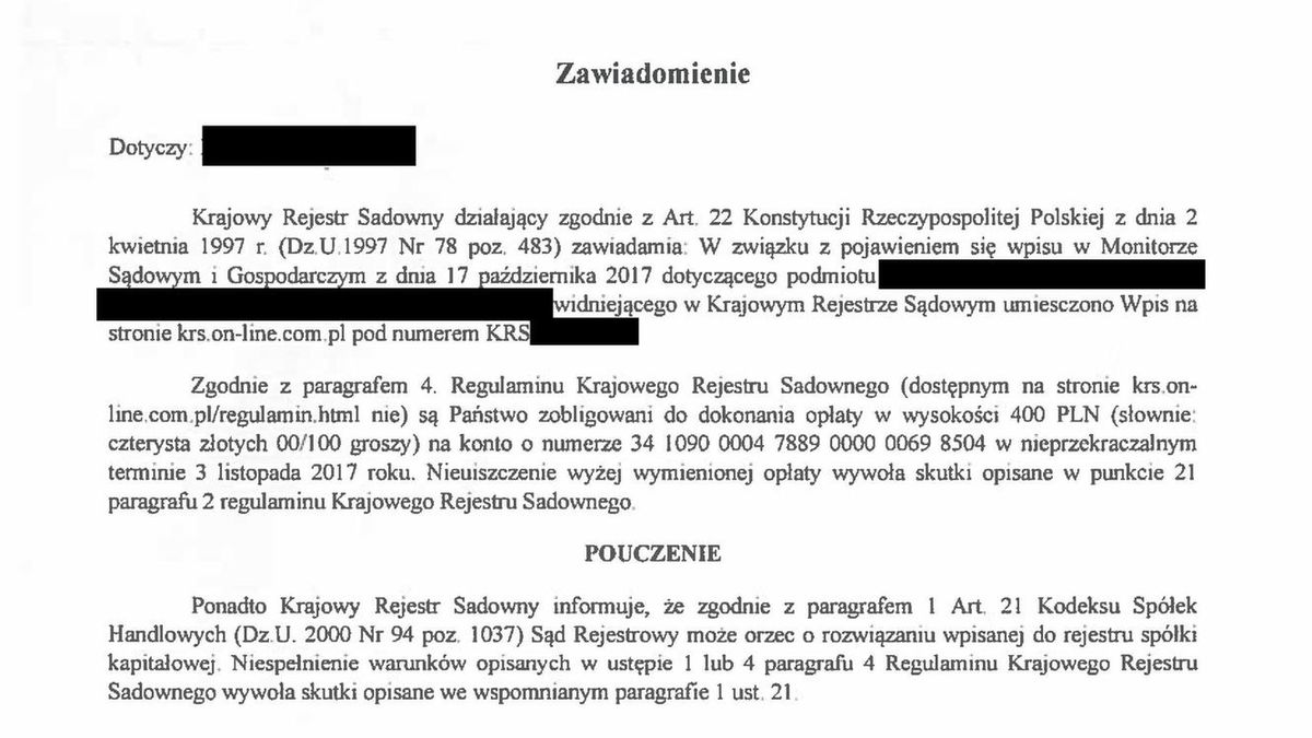 Zasłoniliśmy dane adresata. To właśnie to pismo przekazał naszej redacji zaniepokojony przedsiębiorca