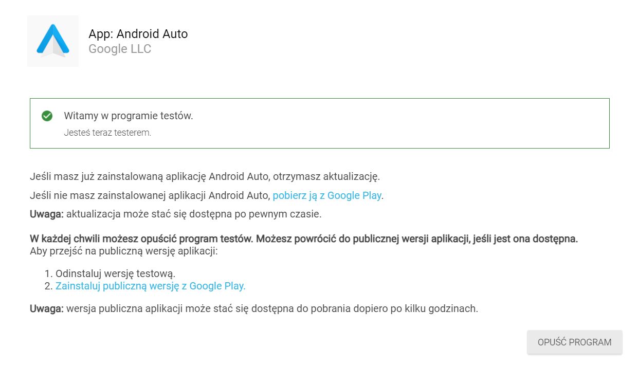 Android Auto - potwierdzenie dołączenia do testów beta