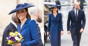 Księżna Kate w granatowej kreacji i GIGANTYCZNYM KAPELUSZU pojawiła się w Opactwie Westminsterskim u boku Williama (ZDJĘCIA)