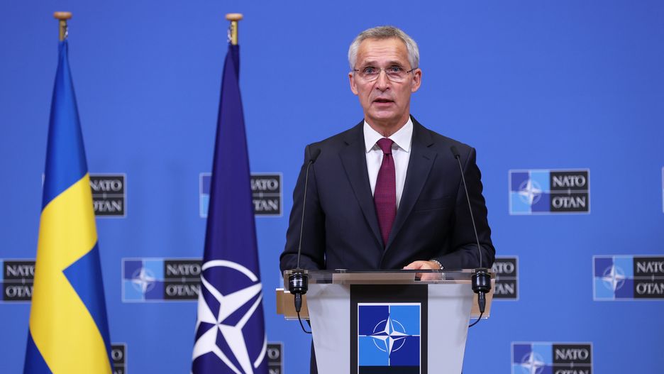 BRUSSELS, BELGIUM - OCTOBER 20: NATO Secretary General Jens Stoltenberg and Swedish Prime Minister Ulf Kristersson (not seen) hold a joint press conference after their meeting in Brussels, Belgium on October 20, 2022. (Photo by Dursun Aydemir/Anadolu Agency via Getty Images)