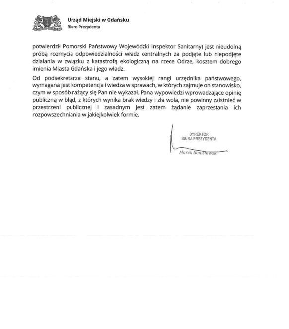 Pismo władz Gdańska do wiceministra infrastruktury Grzegorza Witkowskiego