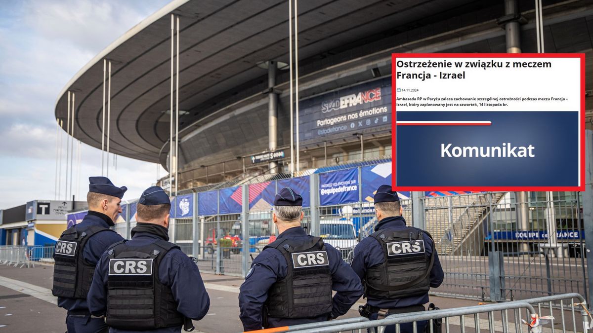 PAP/EPA / CHRISTOPHE PETIT TESSON / Na zdjęciu: policja przed Stade de France, w ramce komunikat polskiej ambasady we Francji