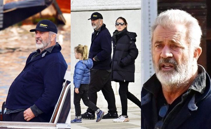 Pochmurny Mel Gibson eksploruje Wenecję z młodszą o 35 lat małżonką i 5-letnim synem (ZDJĘCIA)