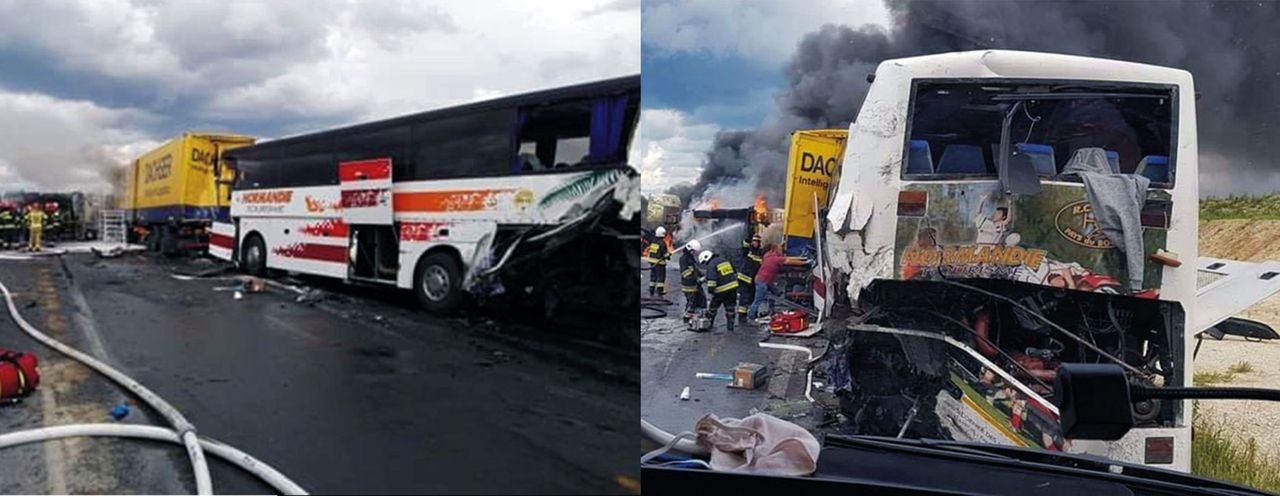 Wypadek na DK1 pod Częstochową. Zderzenie autobusu i ciężarówek. Policja o przyczynie
