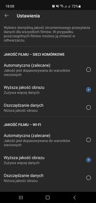 Ustawienia rozdzielczości filmów w aplikacji YouTube.