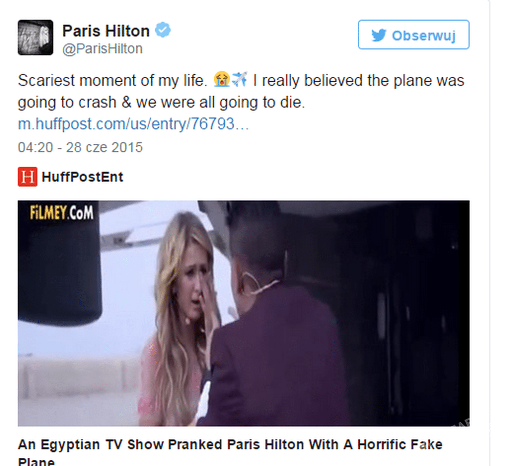 Paris Hilton w katastrofie lotniczej
Fot. screen z Twitter