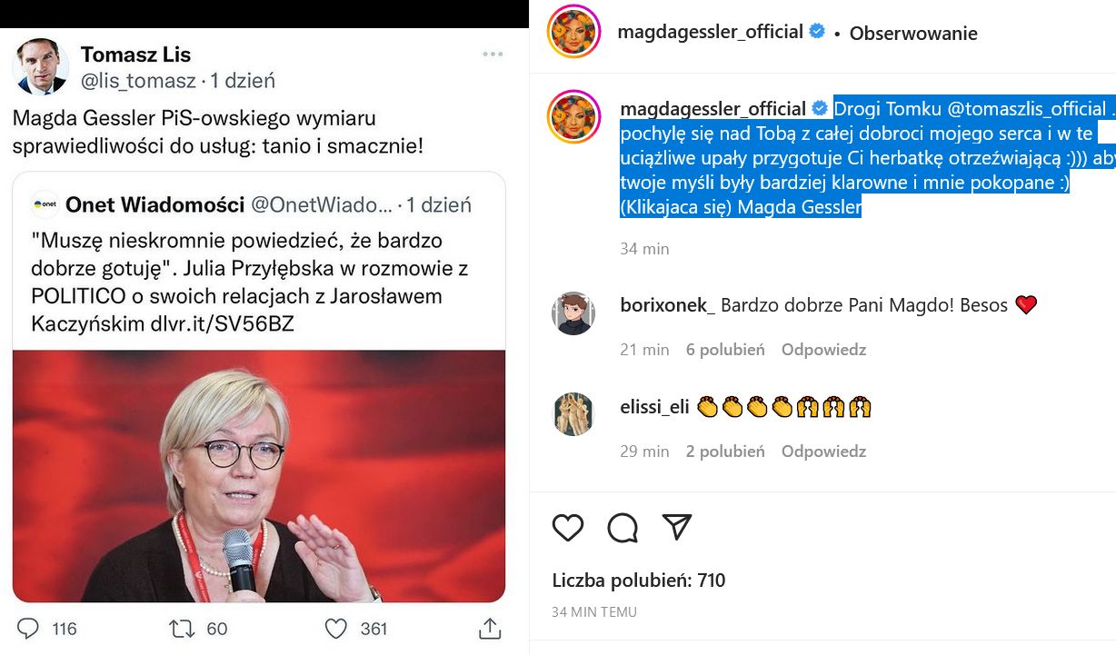 Magda Gessler odpowiada Tomaszowi Lisowi/ Instagram printscreen