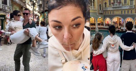 Kasia Cichopek noszona na rękach przez Macieja Kurzajewskiego pokazuje swoim pociechom Chiny. Urocza rodzinka?