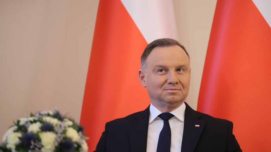 Warszawa, 08.01.2024. Prezydent RP Andrzej Duda na spotkaniu z marszałkiem Sejmu Szymonem Hołownią w Pałacu Prezydenckim w Warszawie, 8 bm. Spotkanie dot. wygaszeniu mandatów polityków PiS Mariusza Kamińskiego i Macieja Wąsika. (ad) PAP/Leszek Szymański