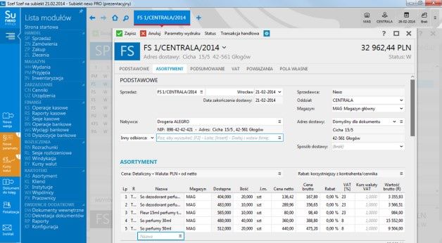 Okno faktury w programie Subiekt nexo firmy InsERT. [źródło: www.insert.com.pl]