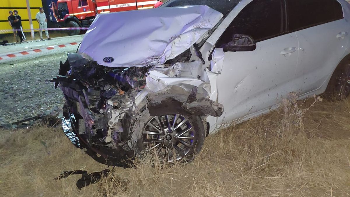 DAGESTAN, RUSSIA - JULY 25, 2020: The site of a road accident involving VAZ-21120, Lada Priora and Kia Rio cars at an entrance to the village of Endirei, Khasavyurt District. Five people were killed and five injured in the accident. The Dagestan Branch of the Russian Interior Ministry/TASS (Photo by Russian Interior Ministry\TASS via Getty Images)