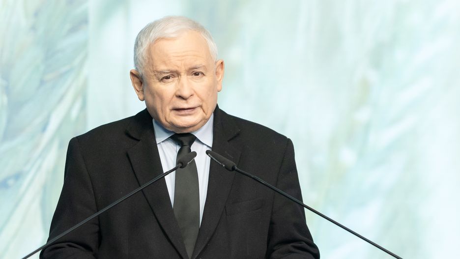 Jaroslaw Kaczynski, the leader of the Law and Justice party (PiS), is speaking during a press conference in Warsaw, Poland, on January 22, 2024. (Photo by Foto Olimpik/NurPhoto via Getty Images)