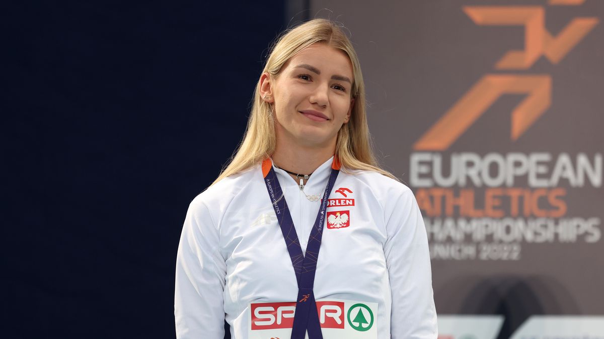 MUNICH, GERMANY - AUGUST 19: Silver medalist Adrianna Sulek of Poland poses on the podium during the Athletics - Women's Heptathlon 800m Medal Ceremony on day 9 of the European Championships Munich 2022 at Olympiapark on August 19, 2022 in Munich, Germany. (Photo by Maja Hitij/Getty Images)