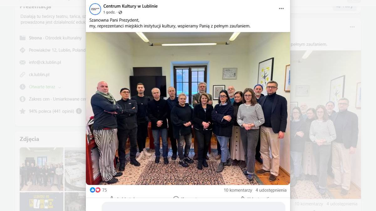 Wpis na profilu Facebook Centrum Kultury w Lublinie po zatrzymaniu przez CBA Beaty Stepaniuk-Kuśmierzak, zastępcy prezydenta Lublina