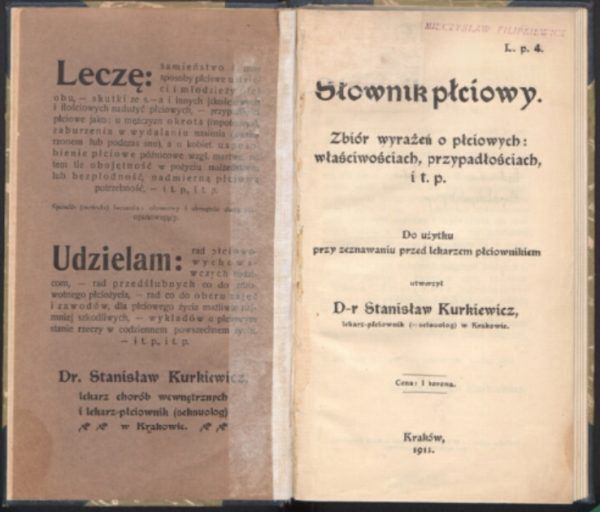 "Słownik płciowy" doktora Kurkiewicza. Strona tytułowa