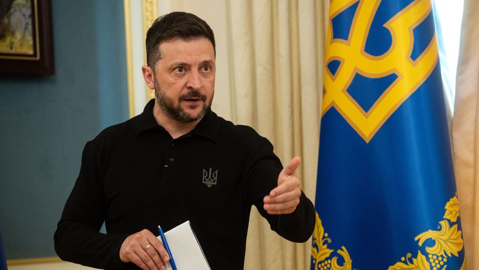 KYIV, UKRAINE - APRIL 22: President of Ukraine Volodymyr Zelenskyy makes a speech during a press conference in Kyiv, Ukraine on April 22, 2025. (Photo by Danylo Antoniuk/Anadolu via Getty Images)