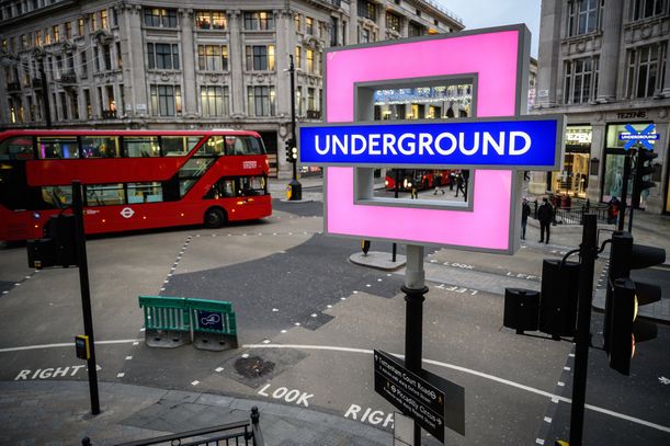 LONDON, ENGLAND - NOVEMBER 19: Temporary replacements for the traditional Transport for London roundels at Oxford Circus station showing the Playstation button designs are seen as the PS5 goes on sale in the UK, on November 19, 2020 in London, England. The first generational upgrade to Sony's line of Playstation consoles since 2013, the launch has seen pre-orders sell out within hours and websites crash as retailers attempt to keep up with demand. (Photo by Leon Neal/Getty Images)