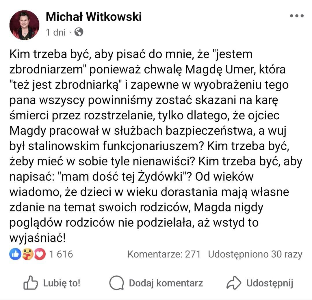 Michał Witkowski opublikował poruszający wpis