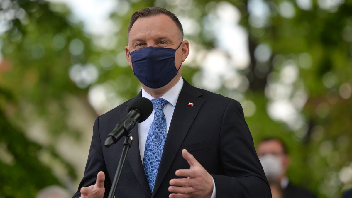 Polish President Andrzej Duda addresses the media during his visit to Alwernia.On  May 27, 2020, in Alwernia, County Chrzanow, Lesser Poland Voivodeship, Poland. (Photo by Artur Widak/NurPhoto via Getty Images)