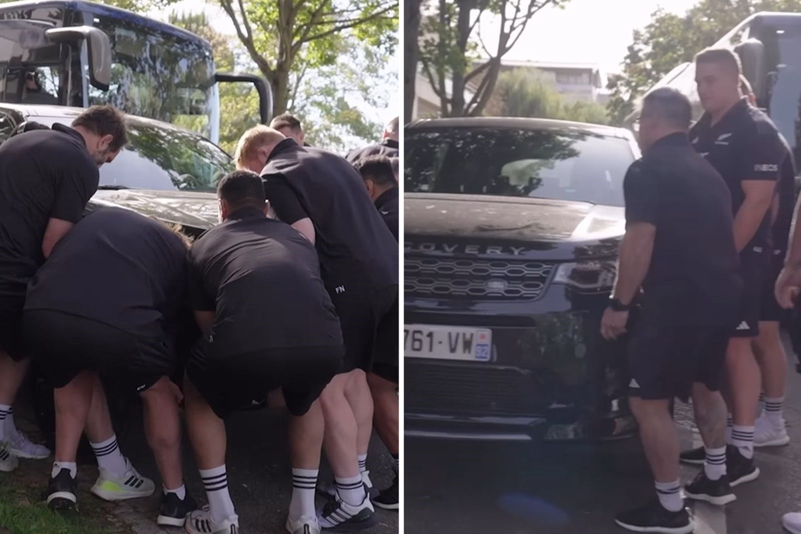 Reprezentacja Nowej Zelandii w rugby podczas dźwigania samochodu