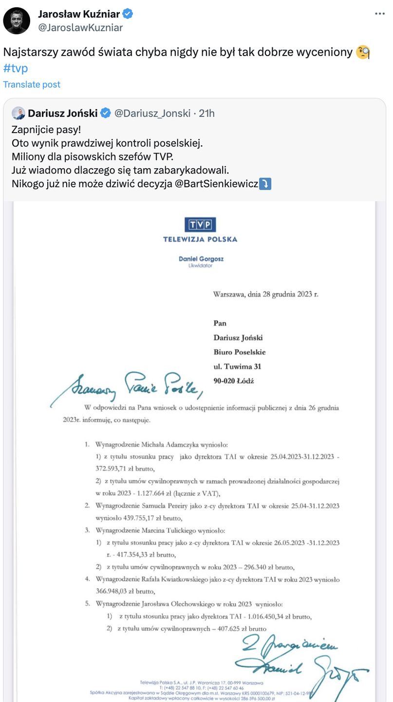 Jarosław Kuźniar komentuje zarobki w TVP