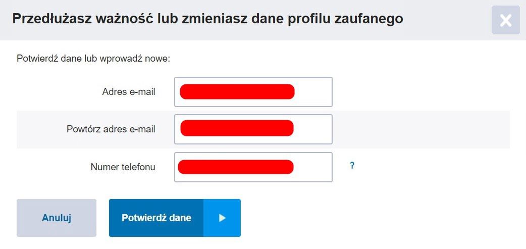 Potwierdzenie danych kontaktowych użytkownika