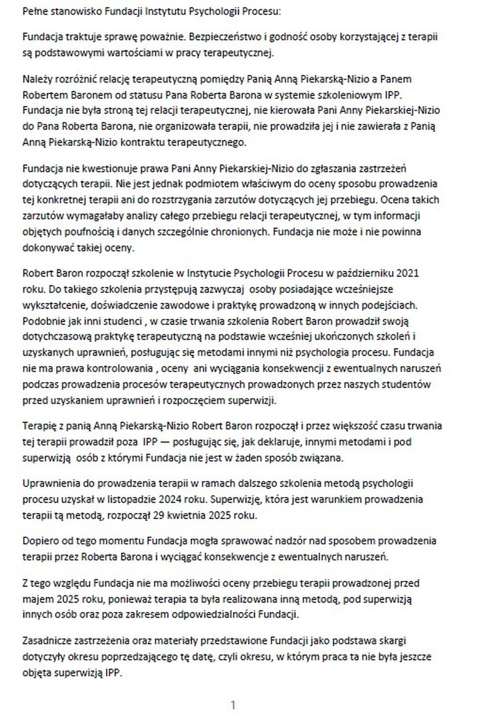Pełne stanowisko Fundacji Instytutu Psychologii Procesu. s.1