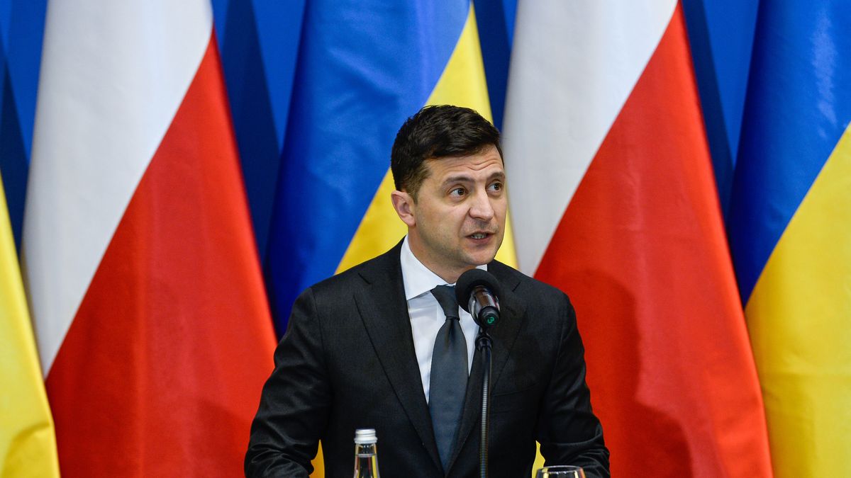 OSWIECIM, POLAND - JANUARY 27: President of Ukraine, Volodymyr Zelenski and the President of Poland, Andrzej Duda (not seen) speak to the media after plenary talks during the 75th Anniversary of Auschwitz Liberation on January 27, 2020 in Oswiecim, Poland. International leaders as well as approximately 200 survivors and their families are gathering today at Auschwitz today to commemorate the 75th anniversary of the camp's liberation. The Nazis killed an estimated one million people at the camp during the World War II occupation of Poland by Nazi Germany.(Photo by Omar Marques/Getty Images)