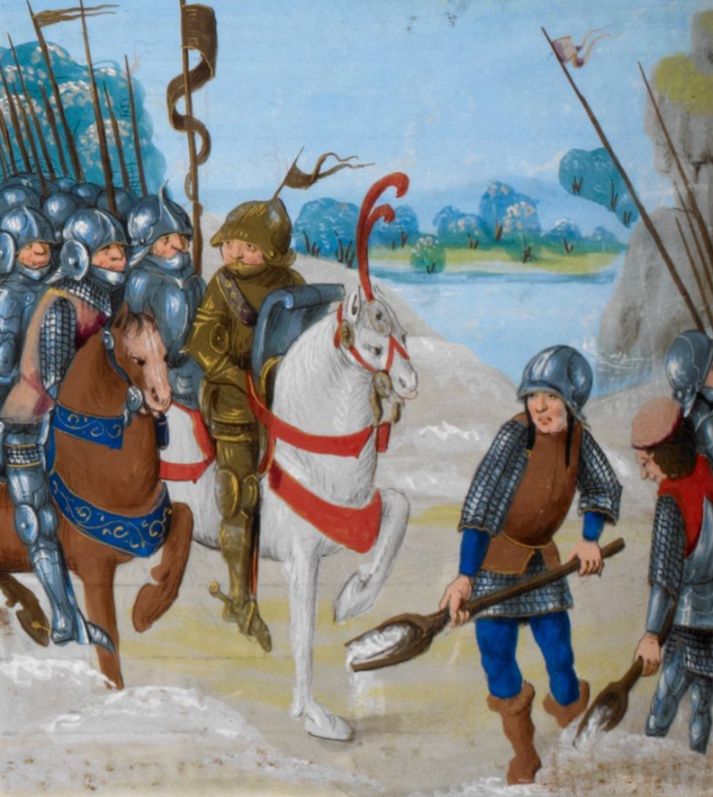 Odśnieżanie przed królewskim orszakiem na XV-wiecznej miniaturze