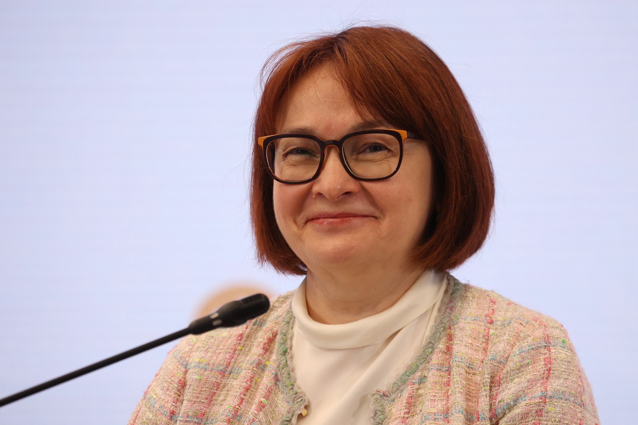 Elvira Nabiullina, governor of Russia's central bank, reacts during a panel session on day two of the St. Petersburg International Economic Forum (SPIEF) in St. Petersburg, Russia, on Friday, June 4, 2021. President Vladimir Putin will host Russias flagship investor showcase as he seeks to demonstrate its stuttering economy is back to business as usual despite continuing risks from Covid-19 and new waves of western sanctions. Photographer: Andrey Rudakov/Bloomberg via Getty Images
