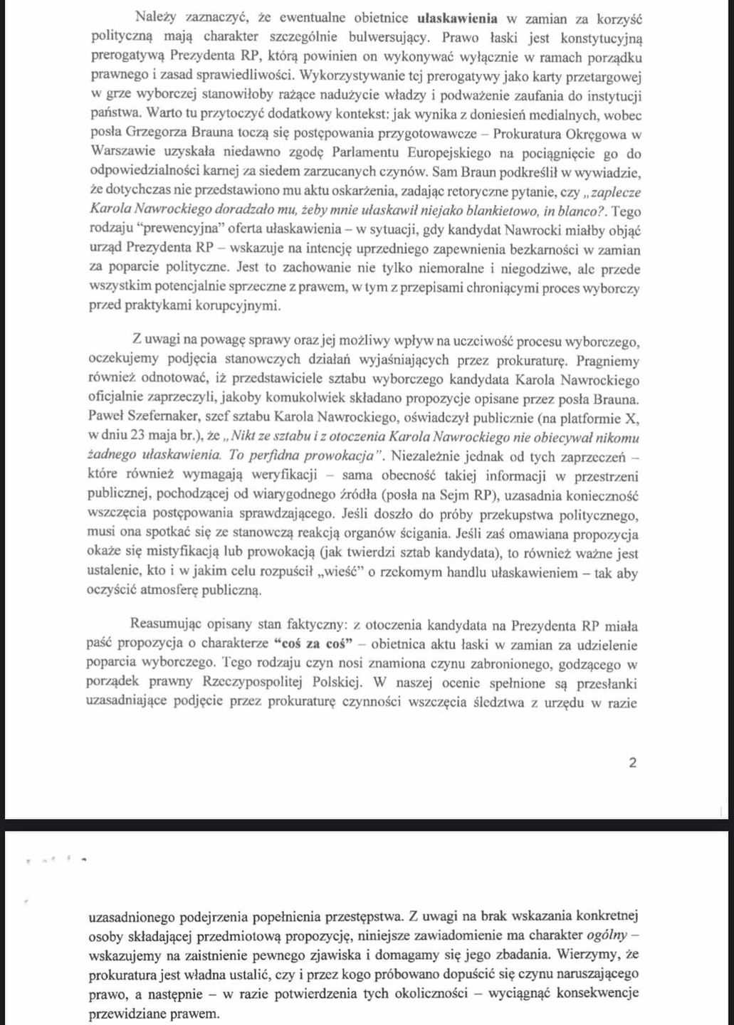 Wniosek do prokuratury w sprawie rzekomej propozycji ułaskawieni