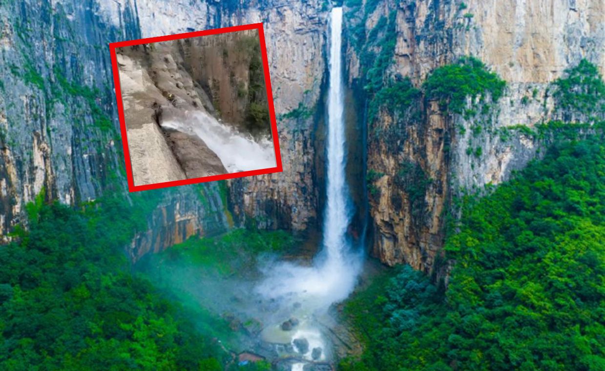 The famous Chinese waterfall is supplied with water from a pipe.