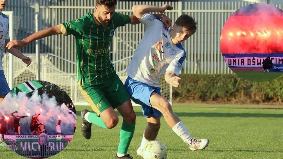 V liga piłkarska, grupa zachodnia: Unia Oświęcim - Victoria Jaworzno 1:4 W walce o piłkę; Mateusz Wawoczny (z lewej, Victoria) i Igor Zieliński (Unia, z prawej).