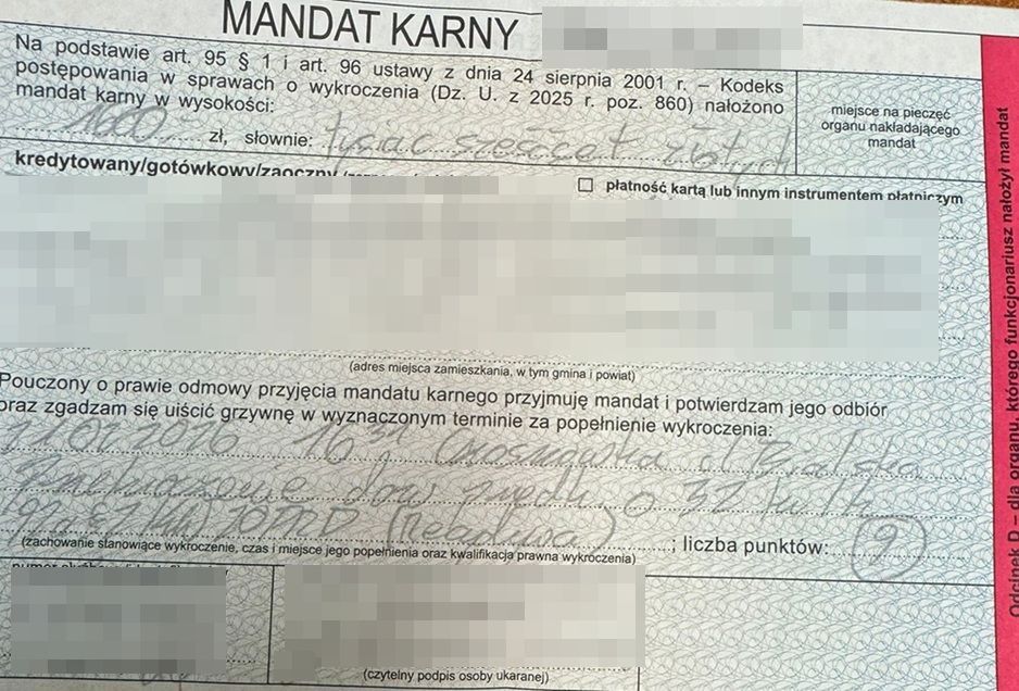 Wystawiony przez drogówkę mandat