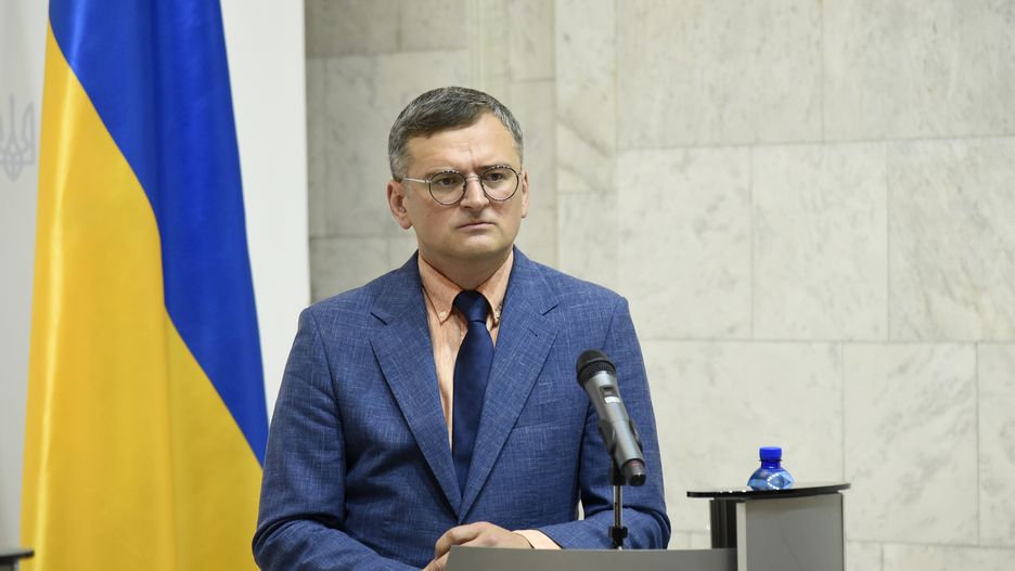Ukrainian Foreign Minister Dmytro Kuleba is speaking during a joint briefing with Dutch Foreign Minister Caspar Veldkamp in Kyiv, Ukraine, on July 07, 2024. (Photo by Ukrinform/NurPhoto via Getty Images)