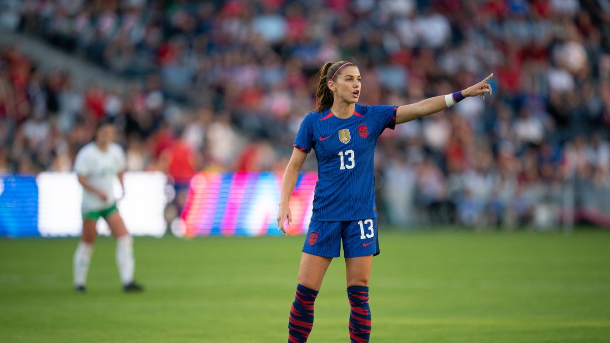 ST. LOUIS, MO - APRIL 11: Alex Morgan #13 of the United States points downfield during an international friendly game between Ireland and the USWNT at CITYPARK on April 11, 2023 in St. Louis, Missouri. (Photo by John Todd/USSF/Getty Images).