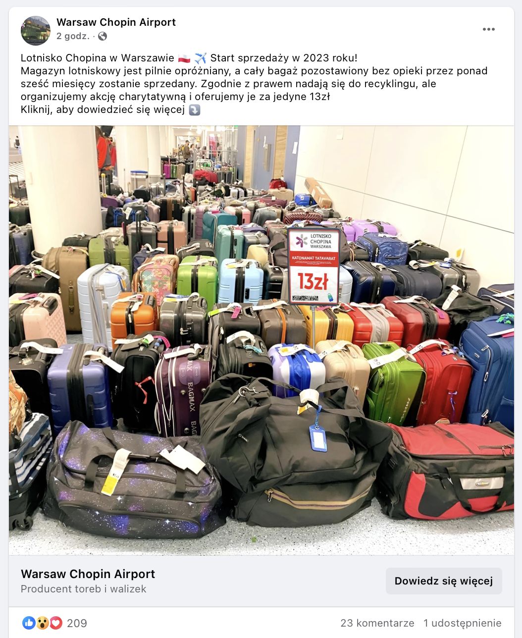 Zrzut ekranu z postem rzekomo oferującym wyprzedaż porzuconych na Lotnisku Chopina walizek