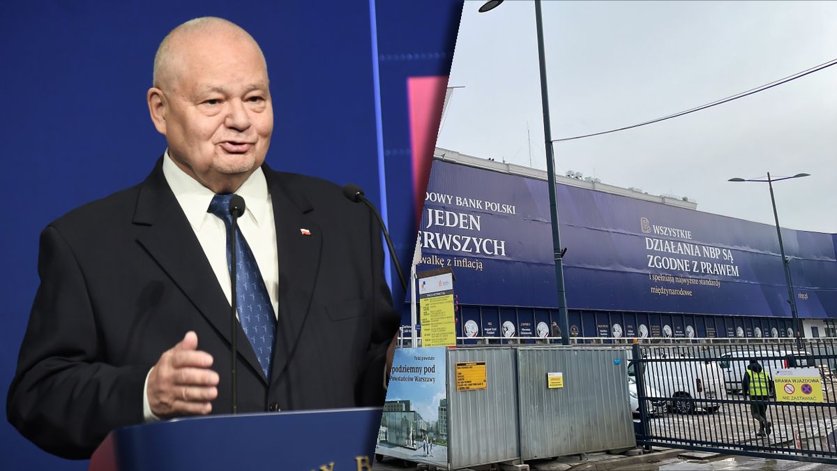 Na gmachu Narodowego Banku Polskiego pojawił się nowy baner. Na zdj. prezes NBP Adam Glapiński