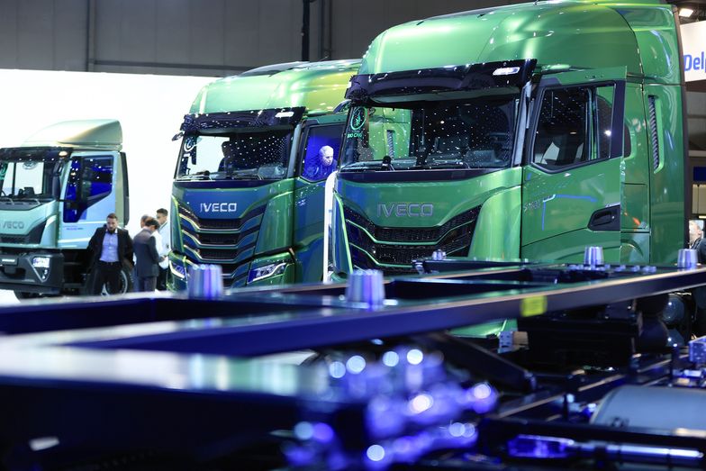 Trucks on the Iveco Group NV booth at the IAA Transportation fair in Hannover, Germany, on Monday, Sept. 16, 2024. The commercial vehicle exhibition runs until Sept. 22. Photographer: Krisztian Bocsi/Bloomberg via Getty Images