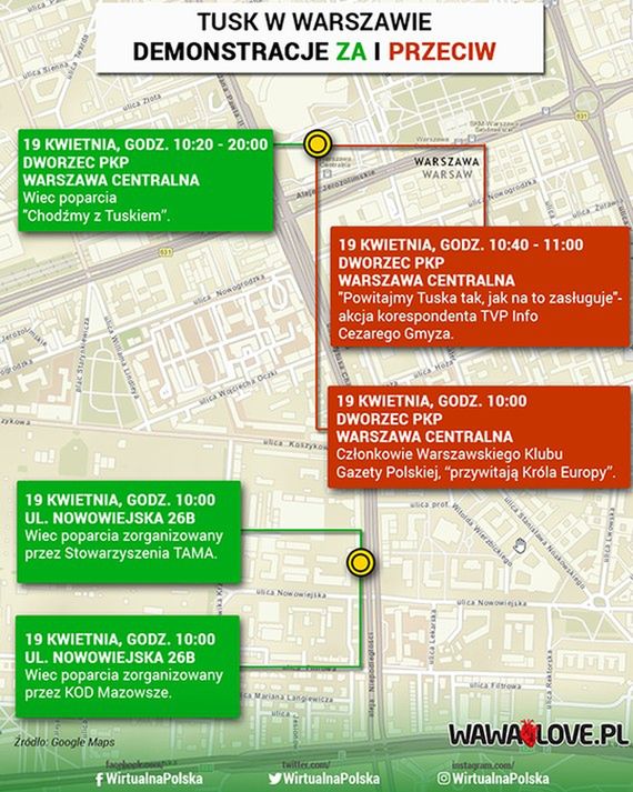 Donald Tusk w Warszawie. Publikujemy mapę demonstracji