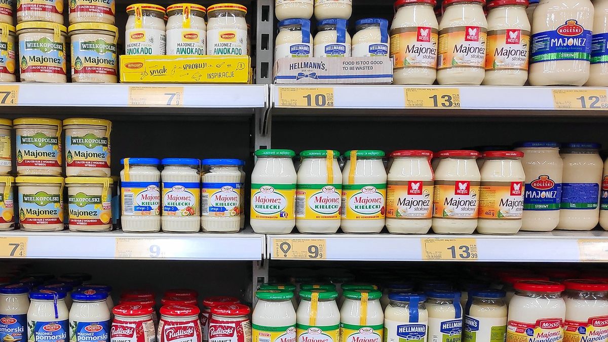 KATOWICE, POLAND - JANUARY 13, 2023: Various types and brands of mayonnaise in a supermarket in Katowice, Poland.poland, mayo, mayonnaise, polish, interior, shelf, shelves, cart, shopping cart, place, europe, katowice, retail, retailer, industry, business, brand, company, discount, store, shop, shopping, local, supermarket, grocery store, food, choice, multitude, variety, types, varieties, sauce, jar, jars, easter, pudliszki, winiary, hellmann's, kielecki, poland, mayo, mayonnaise, polish, interior, shelf, shelves, cart, shopping cart, place, europe, katowice, retail, retailer, industry, business, brand, company, discount, store, shop, shopping, local, supermarket, grocery store, food, choice, multitude, variety, types, varieties, sauce, jar, jars, easter, pudliszki, winiary, hellmann's, kielecki