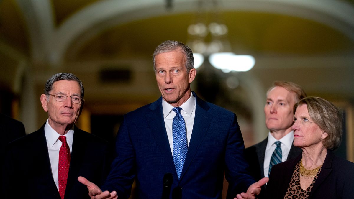 Senator John Barrasso, a Republican from Wyoming, from left, Senate Majority Leader John Thune, a Republican from South Dakota, Senator James Lankford, a Republican of Oklahoma, and Senator Shelley Moore Capito, a Republican from West Virginia, during a news conference following Senate Republican policy luncheons at the US Capitol in Washington, DC, US, on Tuesday, Feb. 3, 2026. The partial US government shutdown ended late Tuesday after President Donald Trump signed into law a funding deal he negotiated with Senate Democrats, overcoming opposition from both ends of the political spectrum amid a standoff over his administration's immigration crackdown. Photographer: Stefani Reynolds/Bloomberg via Getty Images