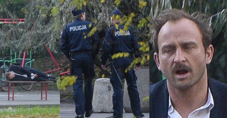 Borys Szyc gra łachmytę na warszawskiej ławce. Spisała go policja (ZDJĘCIA)