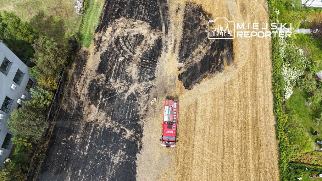 Czerwony wóz strażacki stoi na polu z wypaloną trawą, obok dwóch strażaków zajmujących się gaszeniem pożaru.