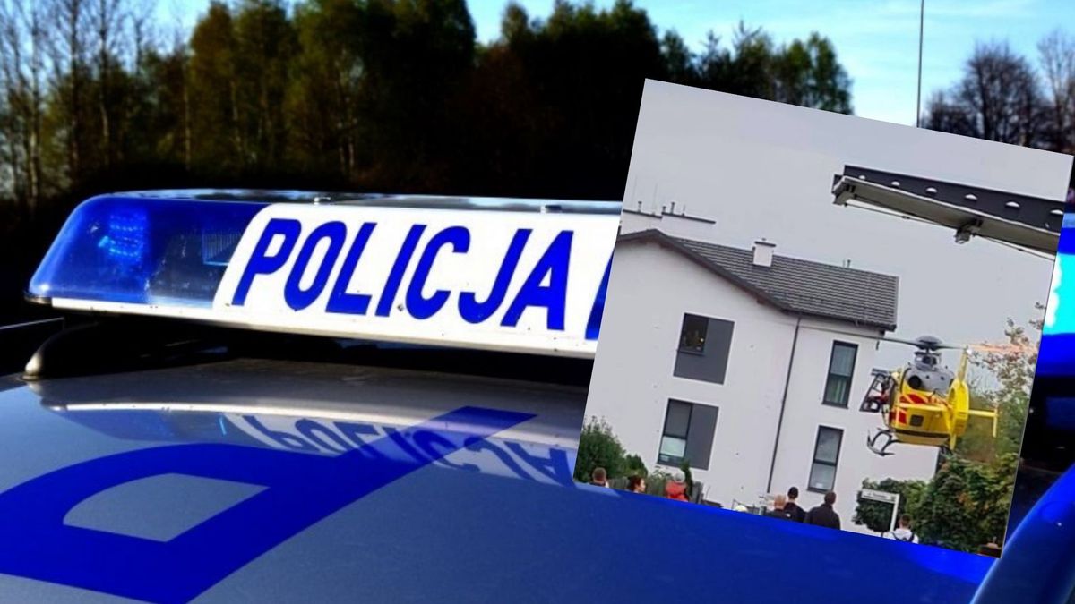 Policjant został zabrany przytomny śmigłowcem LPR do szpitala. Fot. Facebook (Magdalena Graczyk-Kucharska)