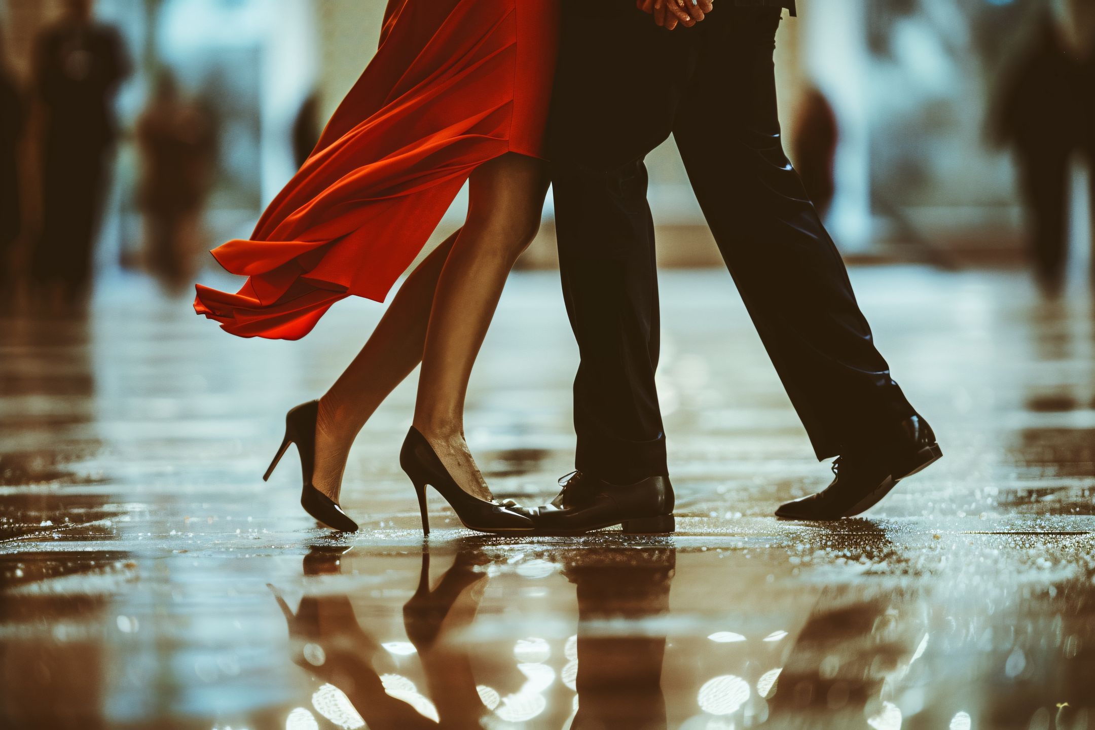 legs, man, woman, dancing, tango, bright red dress, black slacks, dress shoes, passion, movement, elegance, rhythm, partnership, connection, sensual, allure, performance, dance floor, argentine tango, dramatic, intensity, intimacy, expression, grace, sophistication