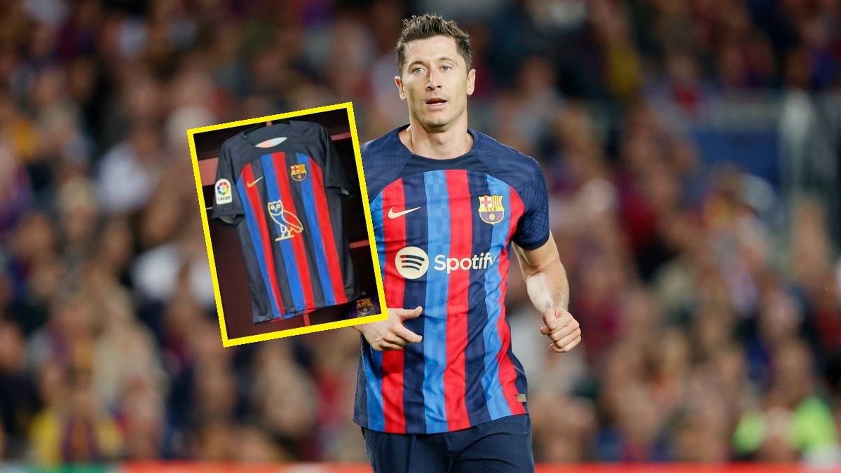 Robert Lewandowski i nowa koszulka Barcelony (w ramce)