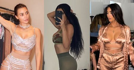 Kim Kardashian wygina się przed lustrem w SKĄPYCH FATAŁASZKACH i prezentuje kulisy przymiarek. Ogień? (ZDJĘCIA)