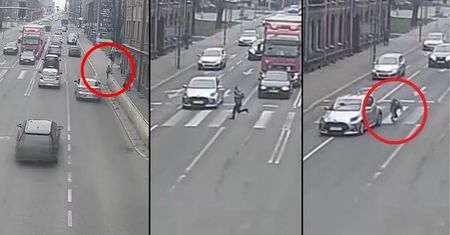 Wtargnęła na pięciopasmową jezdnię. Na nagraniu wszystko widać