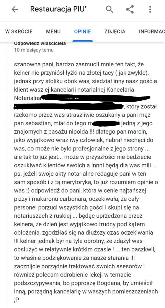Skandaliczne komentarze "właściciela" restauracji PIU z Bielan Wrocławskich